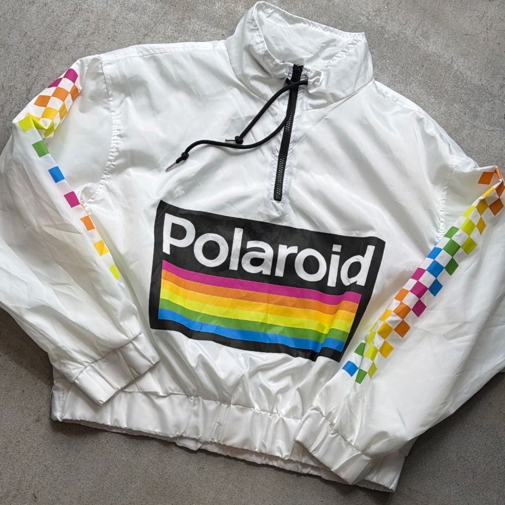Polaroid Windbreaker Jacket XL White Rainbow Retro Y2K Streetwear